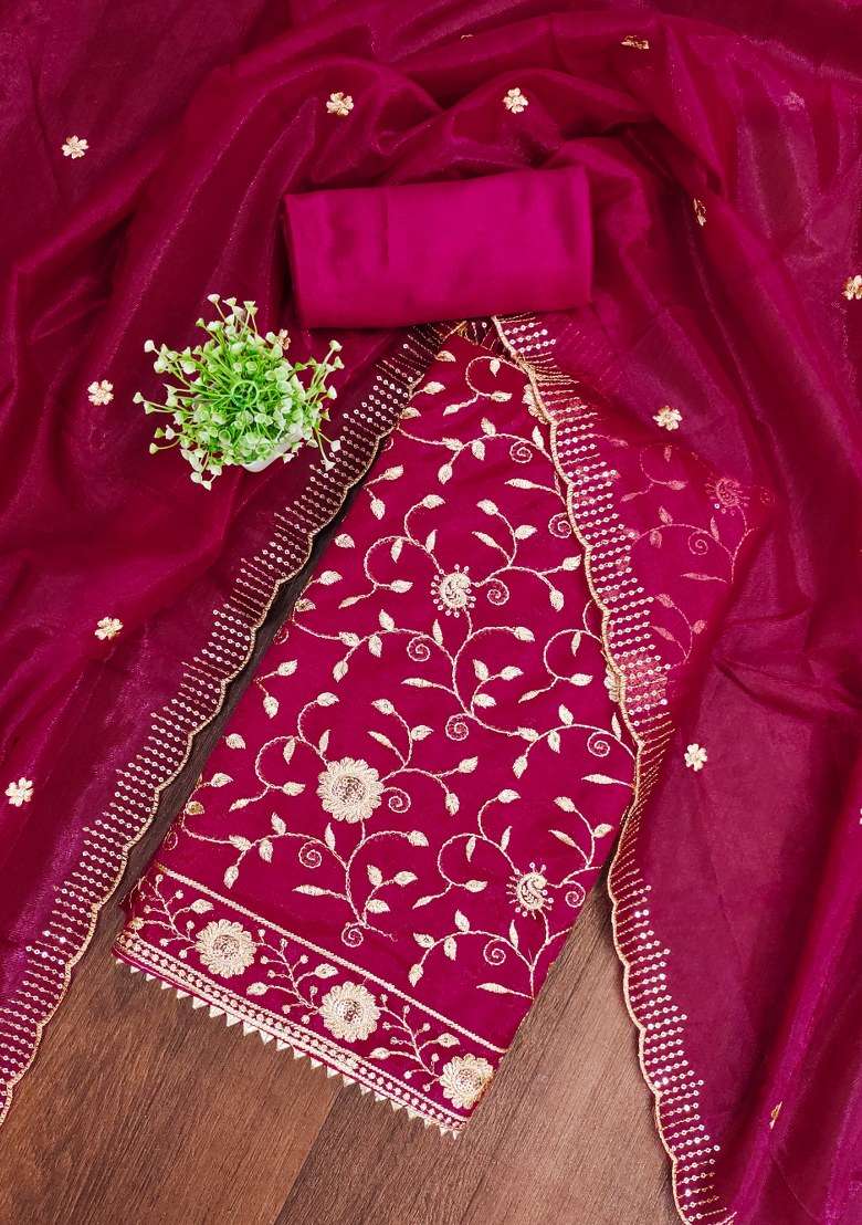 Magenta Embroidered Twill Net Dress Material - Indya