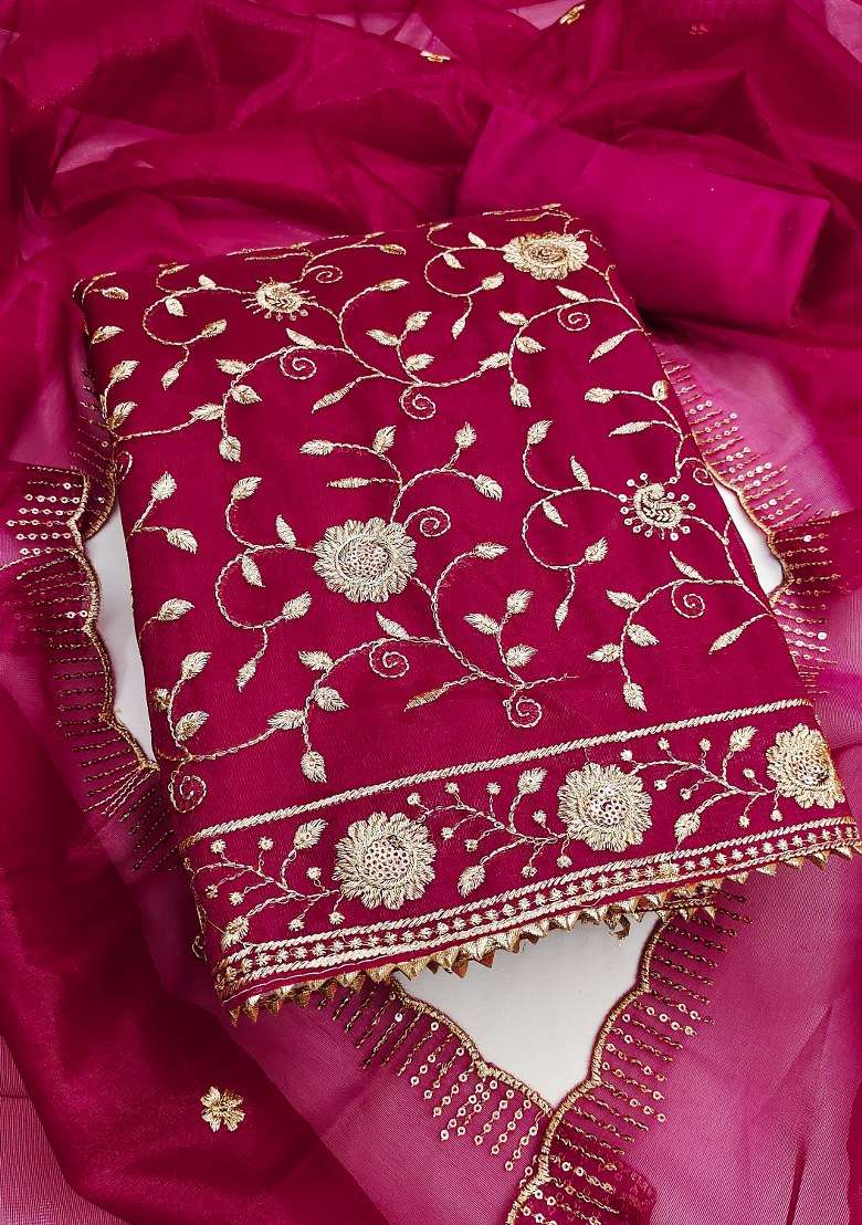 Magenta Embroidered Twill Net Dress Material - Indya