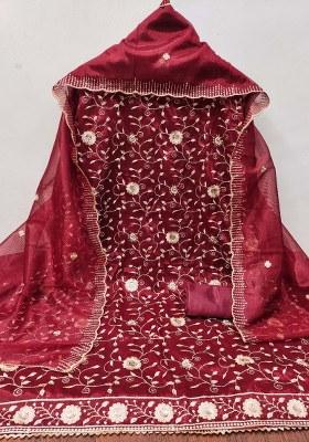 Maroon Embroidered Twill Net Dress Material