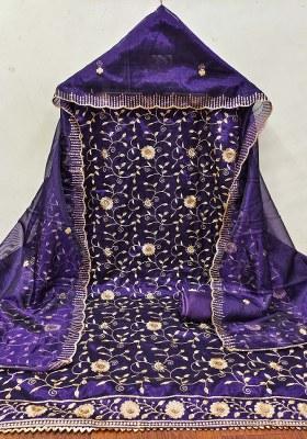 Royal Blue Embroidered Twill Net Dress Material