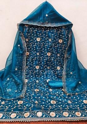 Teal Blue Embroidered Twill Net Dress Material