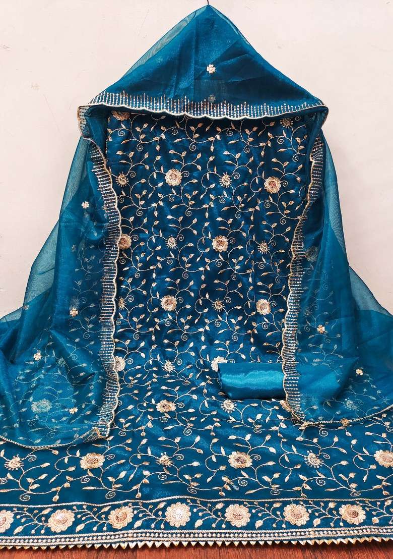 Teal Blue Embroidered Twill Net Dress Material - Indya