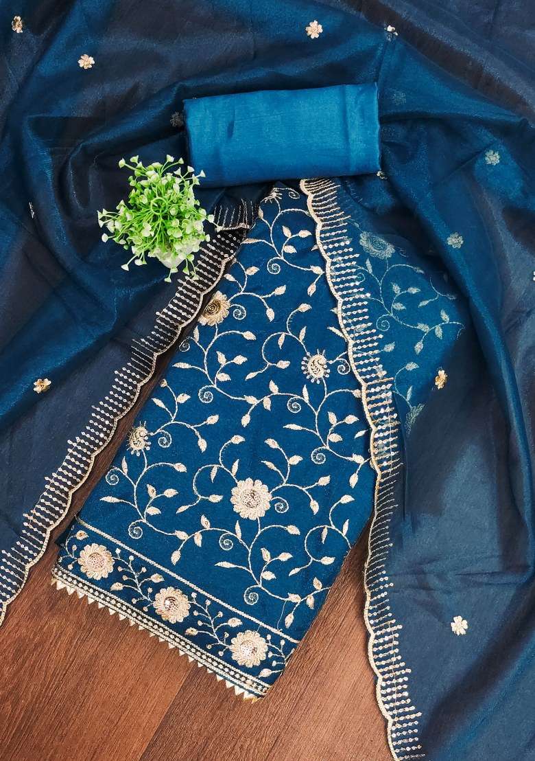 Teal Blue Embroidered Twill Net Dress Material - Indya
