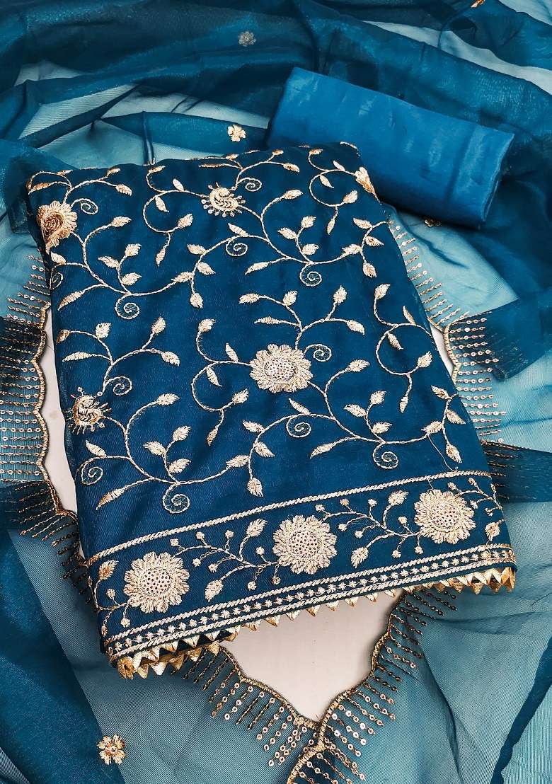 Teal Blue Embroidered Twill Net Dress Material - Indya