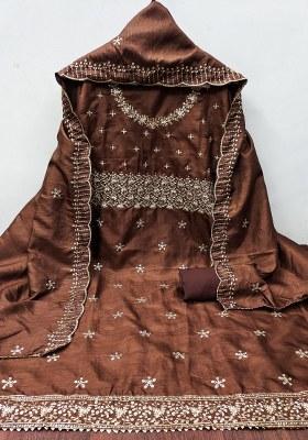 Brown Embroidered Cotton Blend Dress Material