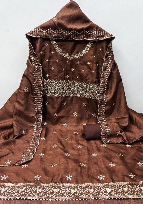 Brown Embroidered Cotton Blend Dress Material