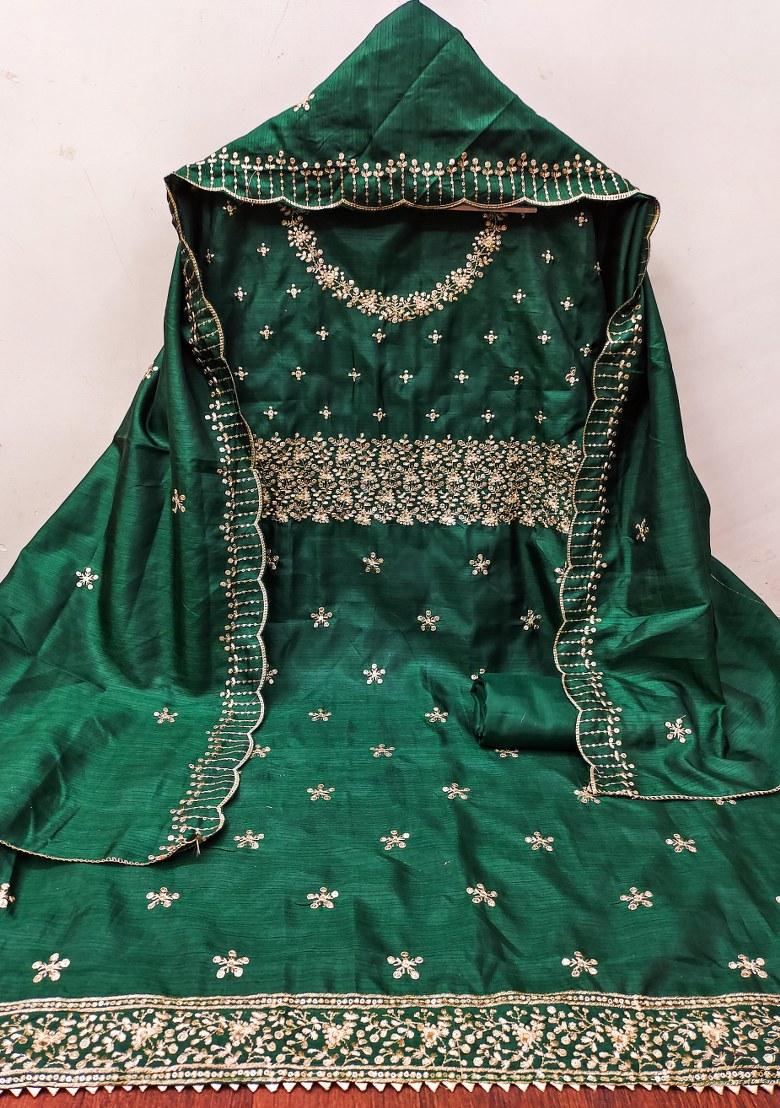 Green Embroidered Cotton Blend Dress Material