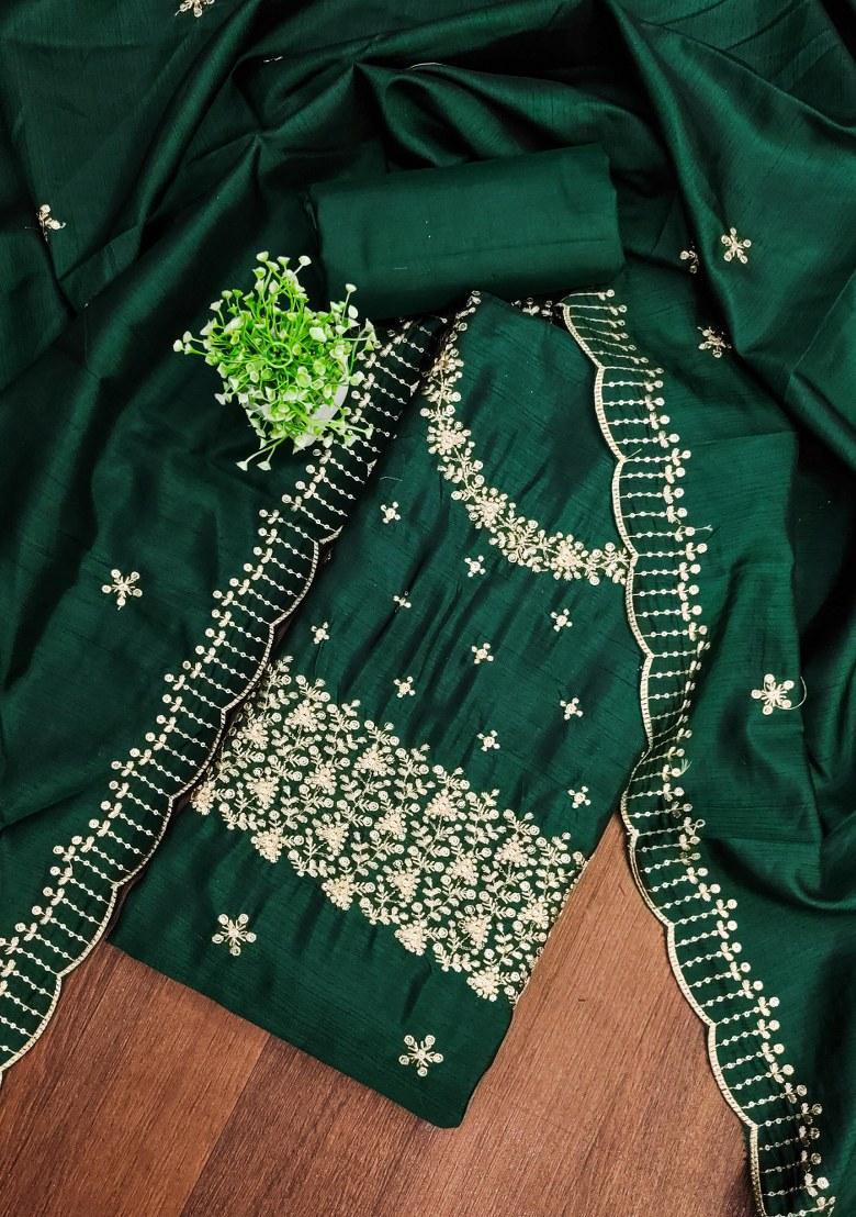 Green Embroidered Cotton Blend Dress Material