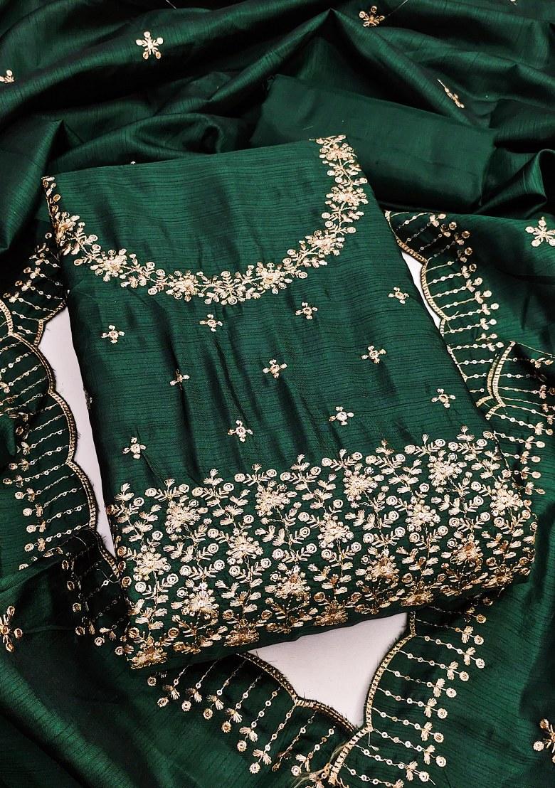 Green Embroidered Cotton Blend Dress Material