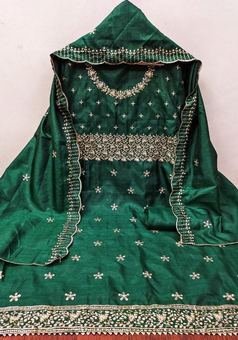 Green Embroidered Cotton Blend Dress Material