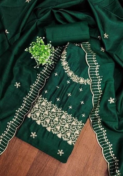 Green Embroidered Cotton Blend Dress Material