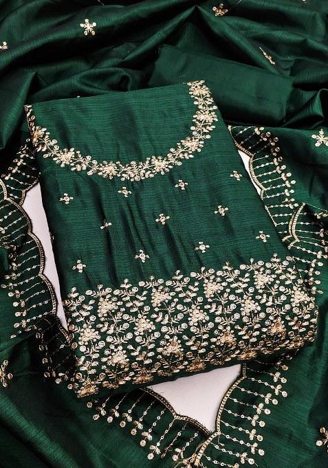 Green Embroidered Cotton Blend Dress Material