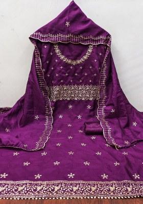 Purple Embroidered Cotton Blend Dress Material