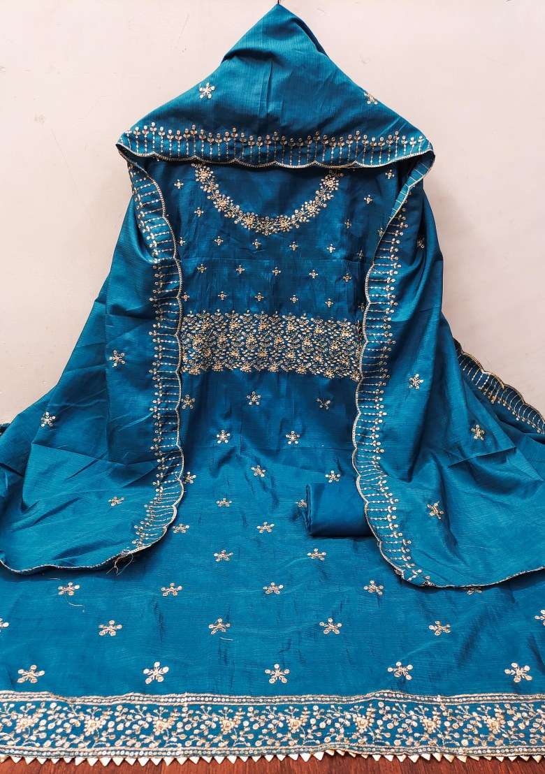 Teal Blue Embroidered Cotton Punjabi Suit - Indya