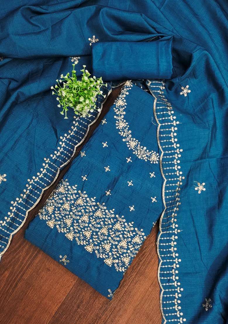 Teal Blue Embroidered Cotton Punjabi Suit - Indya