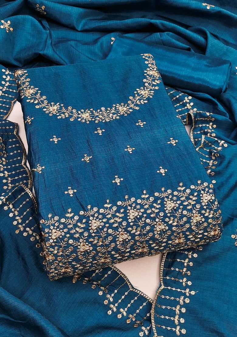 Teal Blue Embroidered Cotton Punjabi Suit - Indya