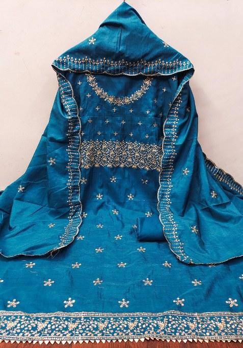 Teal Blue Embroidered Cotton Punjabi Suit