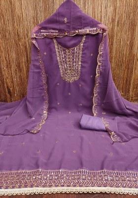 Lavender Embroidered Georgette Dress Material