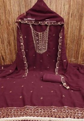 Maroon Embroidered Georgette Dress Material