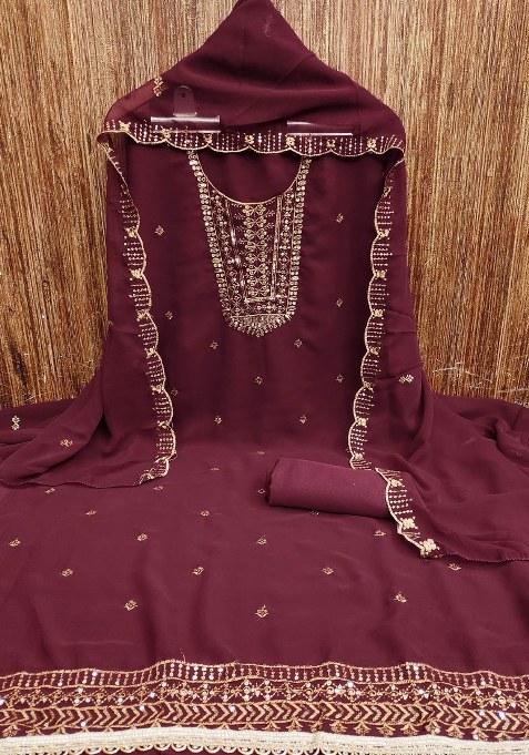 Maroon Embroidered Georgette Dress Material