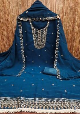 Teal Blue Embroidered Georgette Dress Material