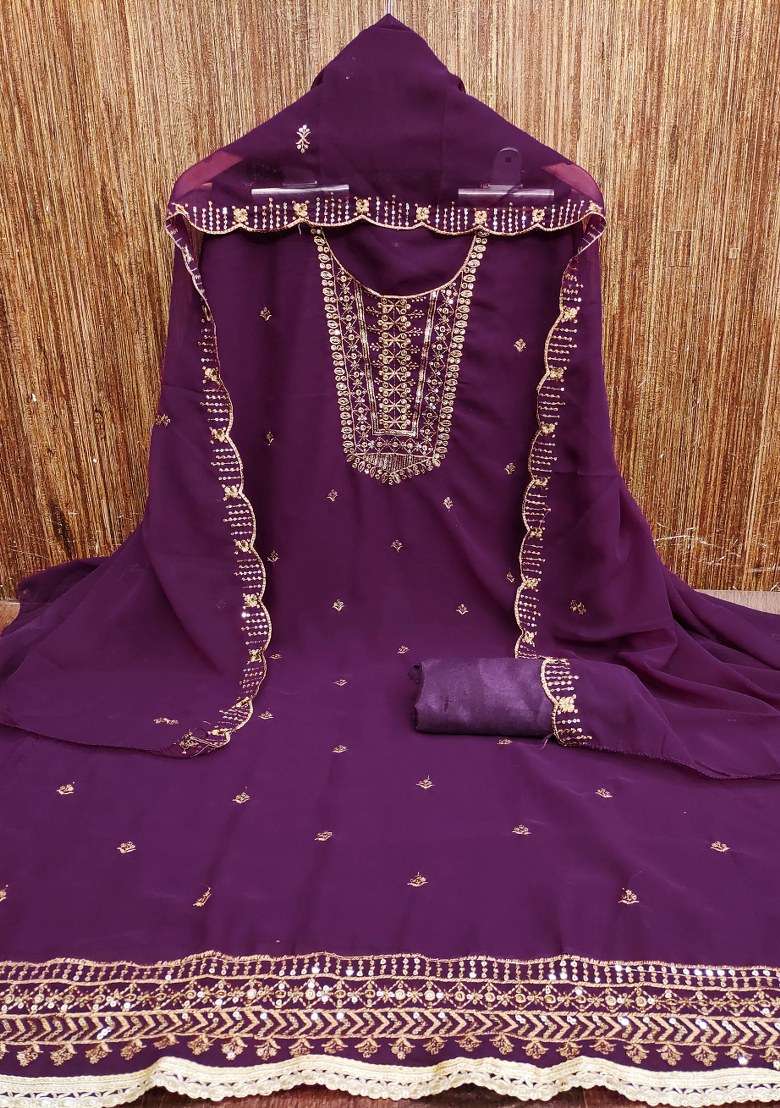 Voilet Embroidered Georgette Dress Material - Indya