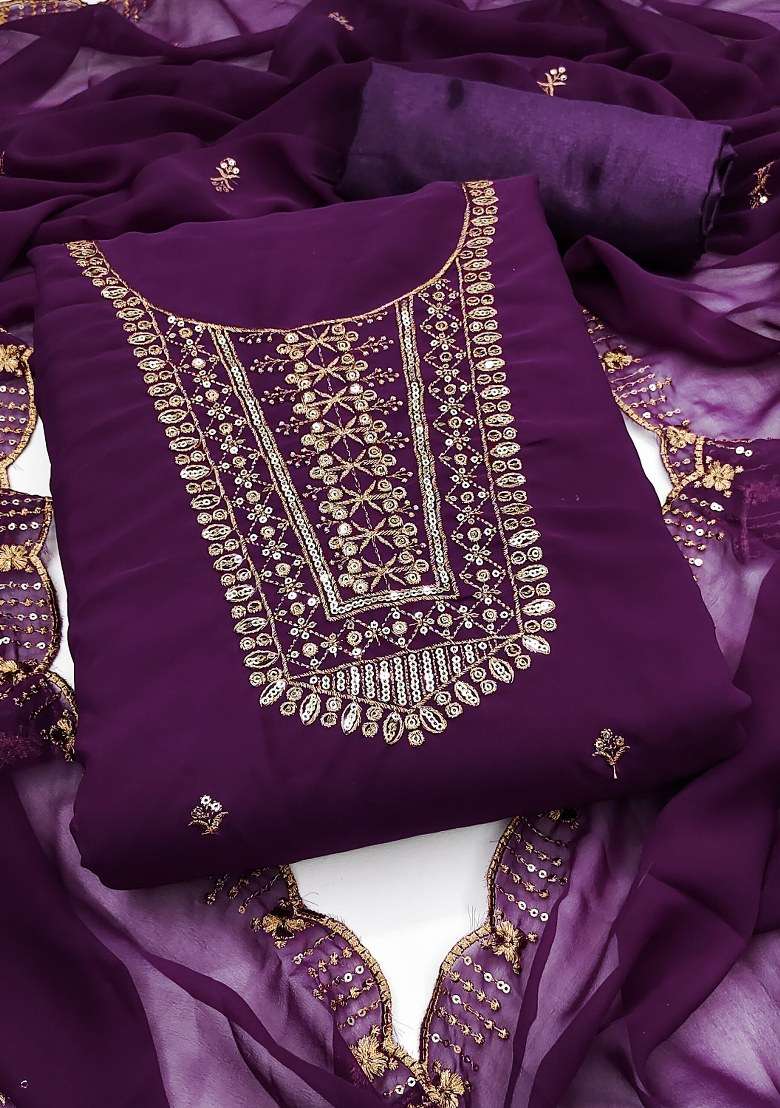 Voilet Embroidered Georgette Dress Material - Indya