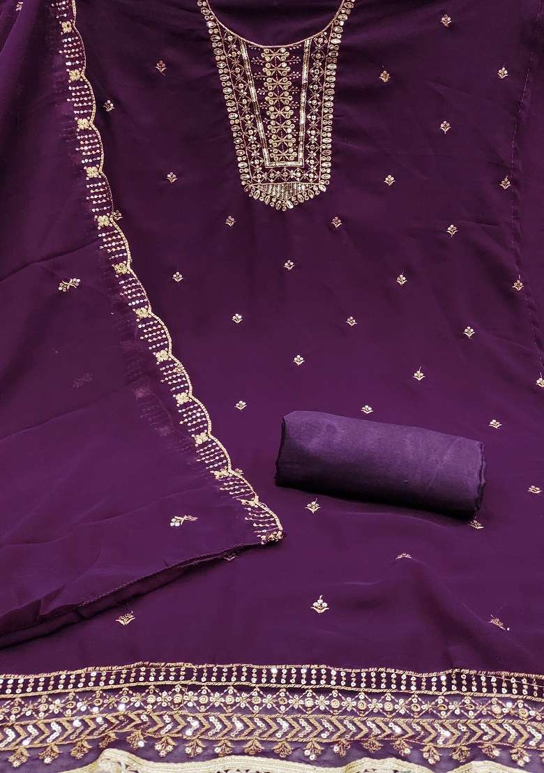 Voilet Embroidered Georgette Dress Material - Indya