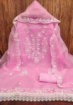 Baby Pink Embroidered Oragnza Dress Material