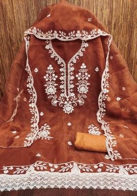 Rust Embroidered Oragnza Dress Material