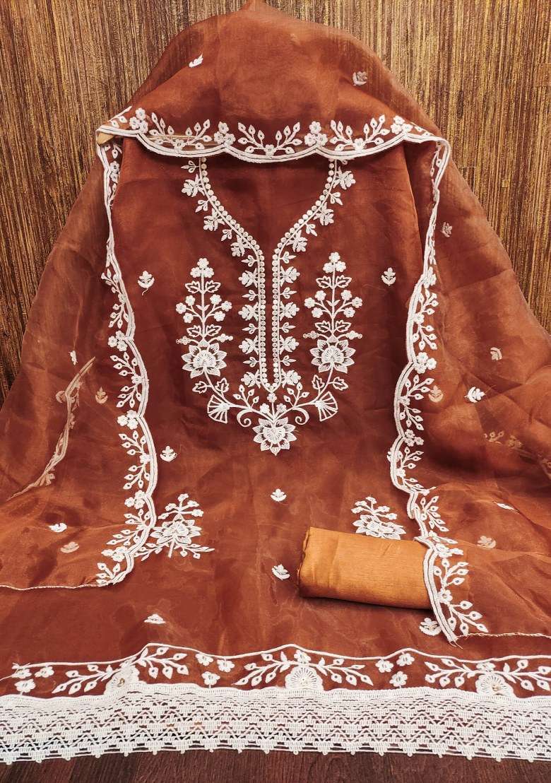 Rust Chikankari Organza Straight Kurta Set - Indya