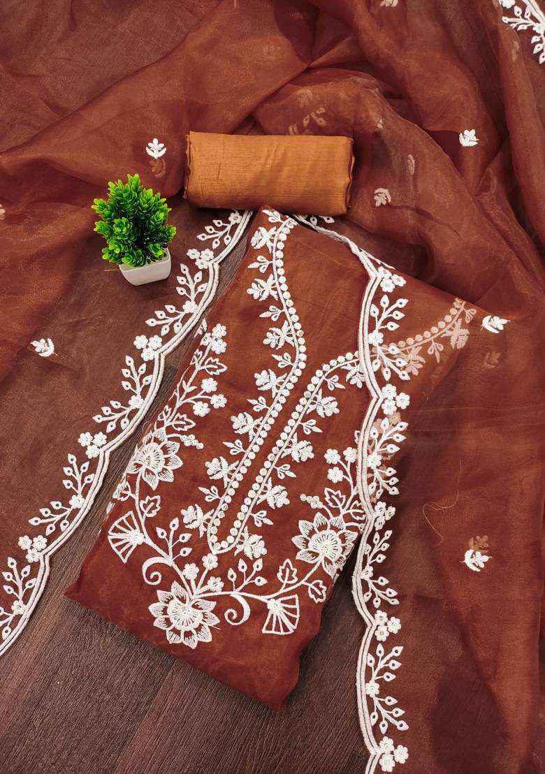 Rust Chikankari Organza Straight Kurta Set - Indya