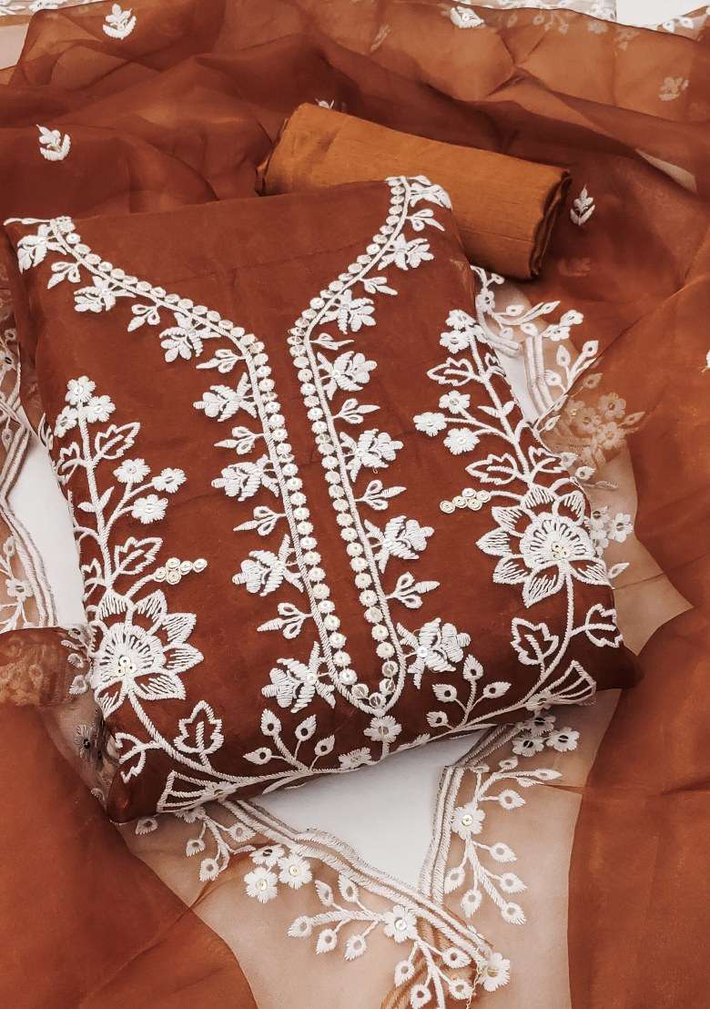 Rust Chikankari Organza Straight Kurta Set - Indya