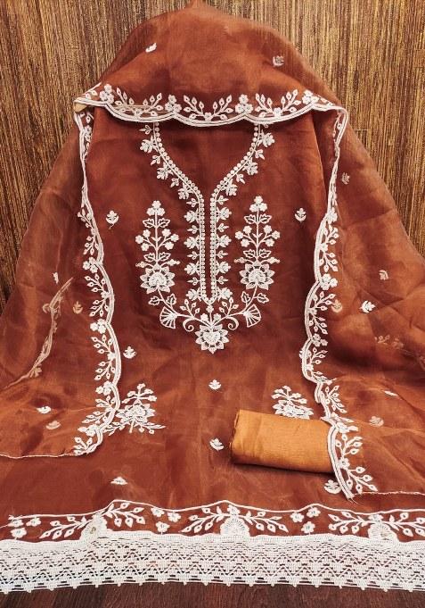 Rust Embroidered Oragnza Dress Material