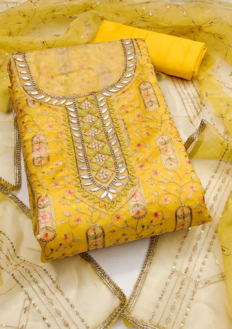 Yellow Embroidered Viscose Dress Material