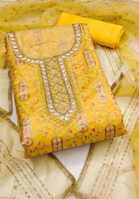 Yellow Embroidered Viscose Dress Material