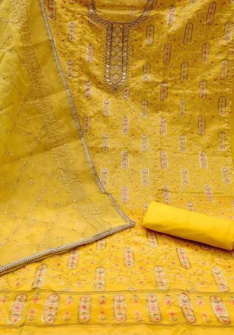 Yellow Embroidered Viscose Dress Material