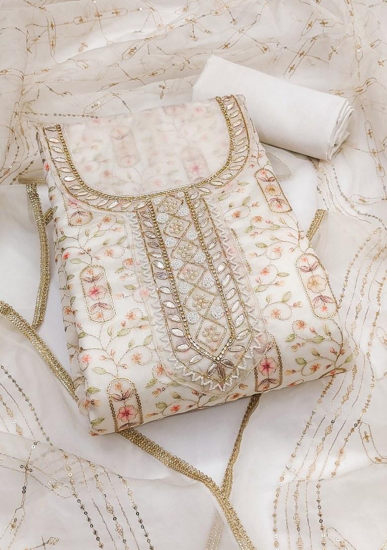 White Embroidered Viscose Dress Material