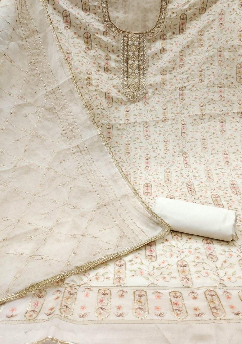 White Embroidered Viscose Dress Material