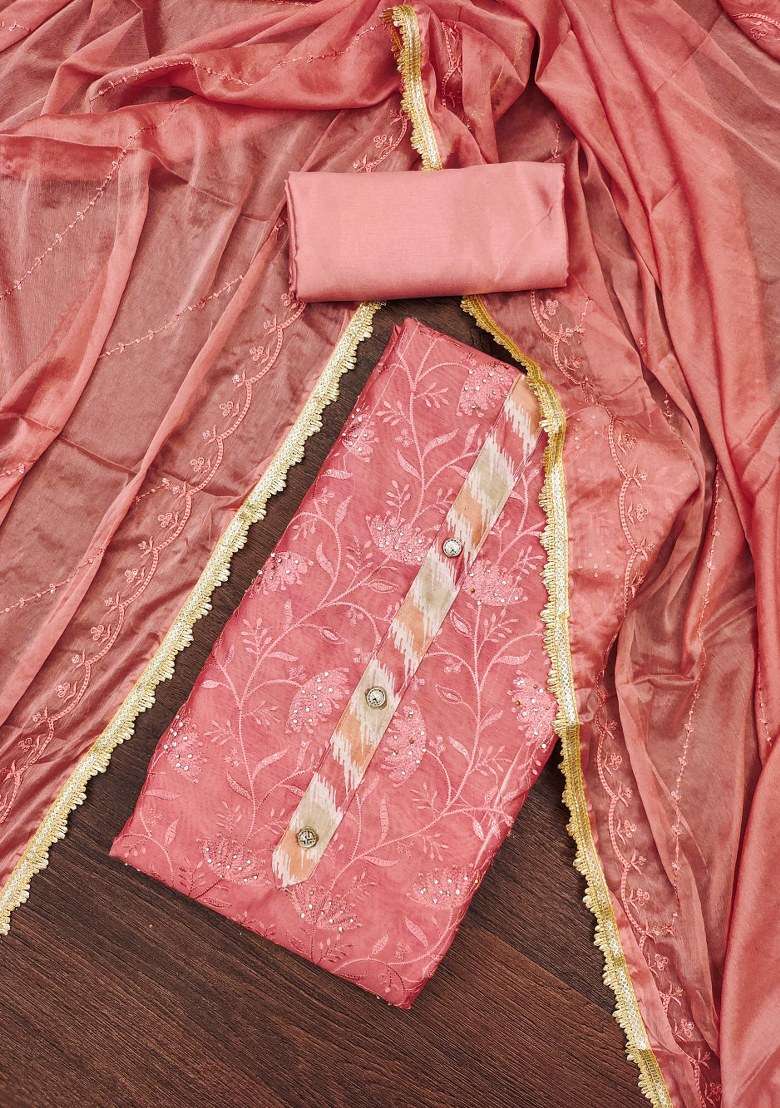 Baby Pink Embroidered Chanderi Straight Kurta Set - Indya
