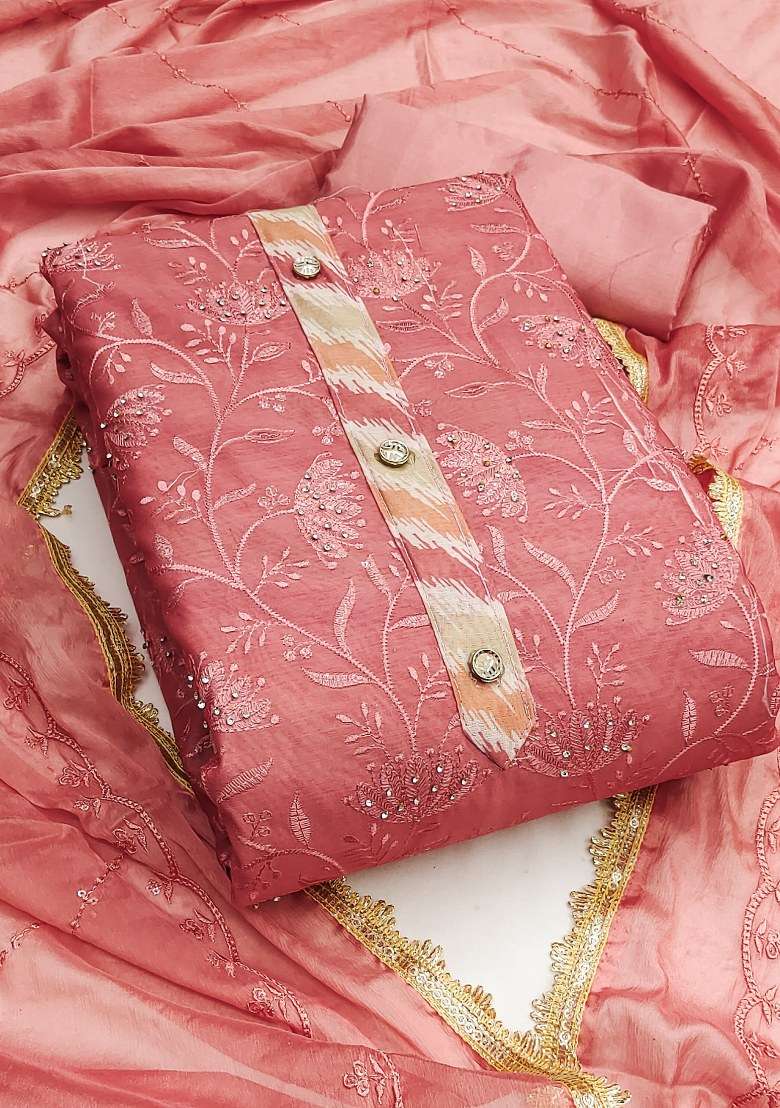 Baby Pink Embroidered Chanderi Straight Kurta Set - Indya
