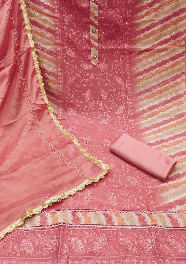 Baby Pink Embroidered Chanderi Straight Kurta Set - Indya