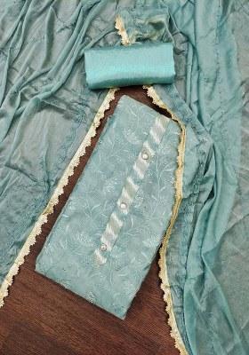 Sea Green Embroidered Chanderi Dress Material
