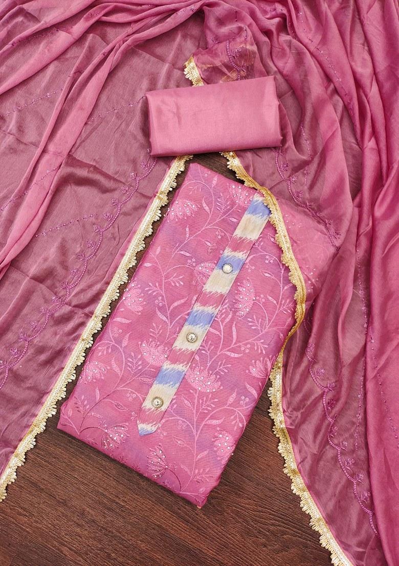 Pink Embroidered Chanderi Dress Material