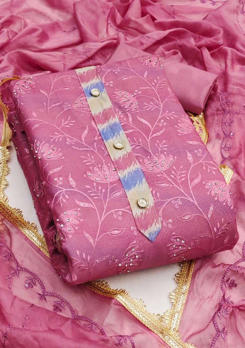 Pink Embroidered Chanderi Dress Material