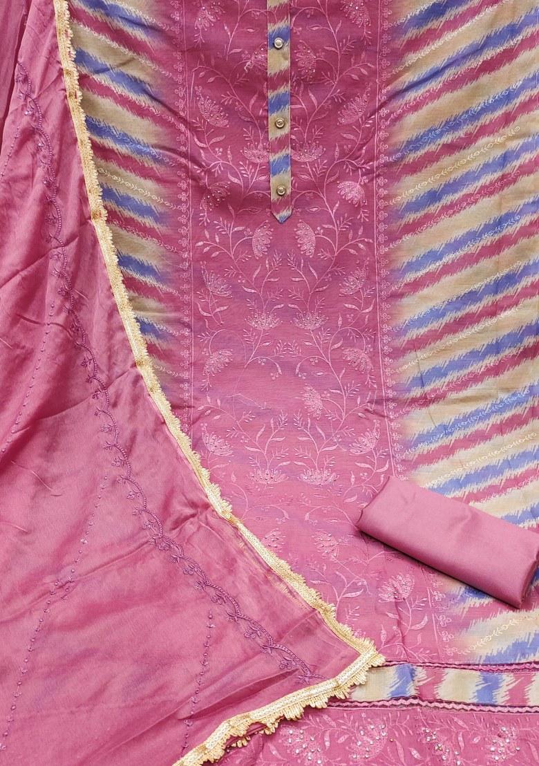 Pink Embroidered Chanderi Dress Material