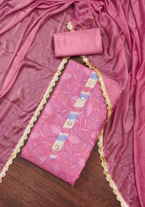 Pink Embroidered Chanderi Dress Material