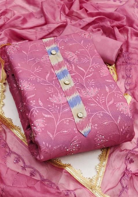 Pink Embroidered Chanderi Dress Material