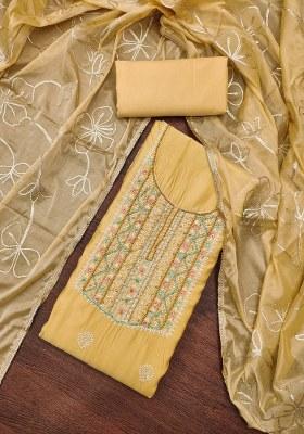 Beige Embroidered Cotton Blend Dress Material