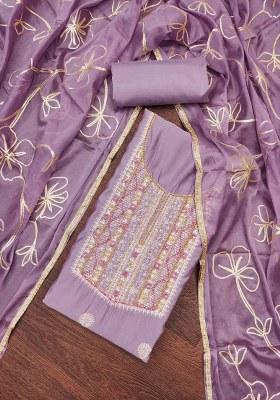 Purple Embroidered Cotton Blend Dress Material